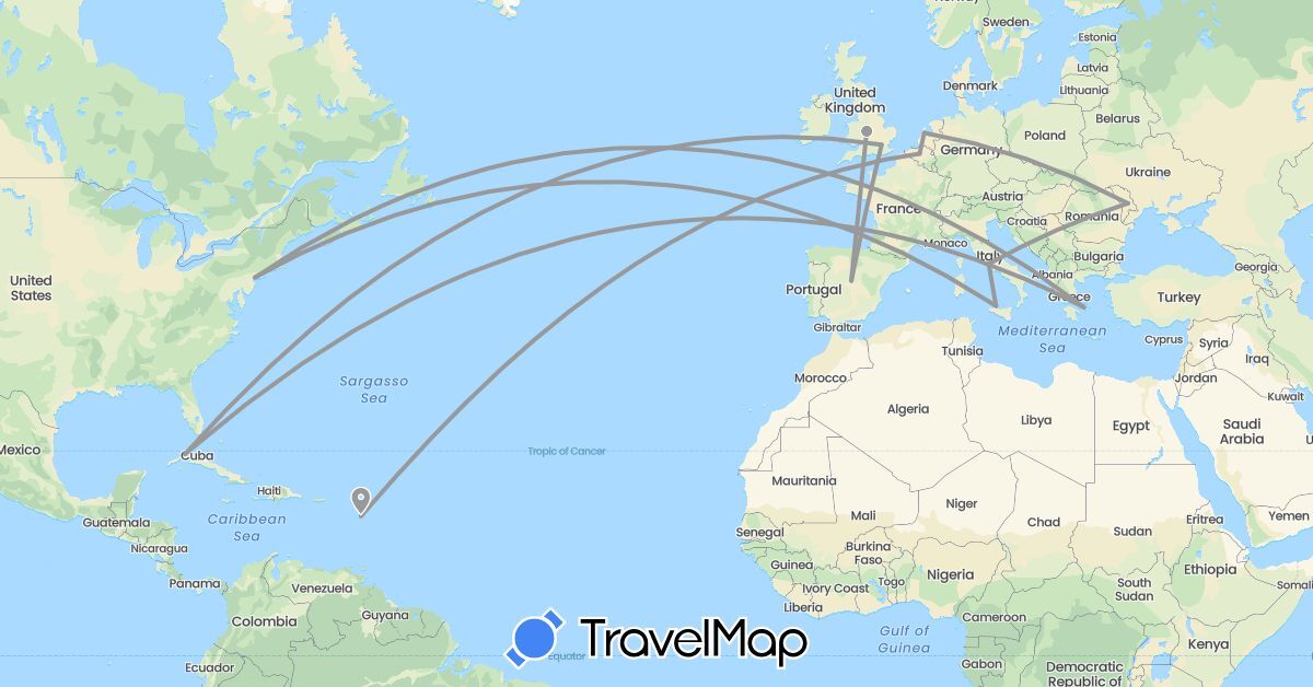 TravelMap itinerary: plane in Belgium, Cuba, Spain, United Kingdom, Guadeloupe, Greece, Italy, Moldova, Netherlands, United States (Europe, North America)